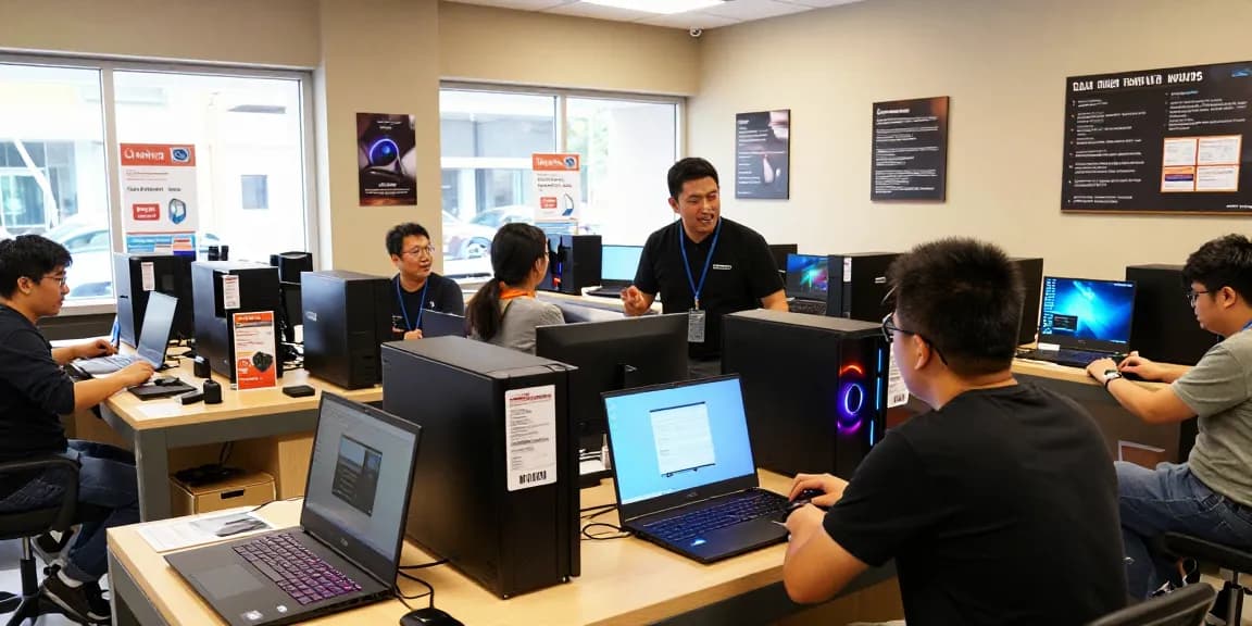 People exploring refurbished PCs in a vibrant showroom environment, showcasing engaging sales demonstrations.