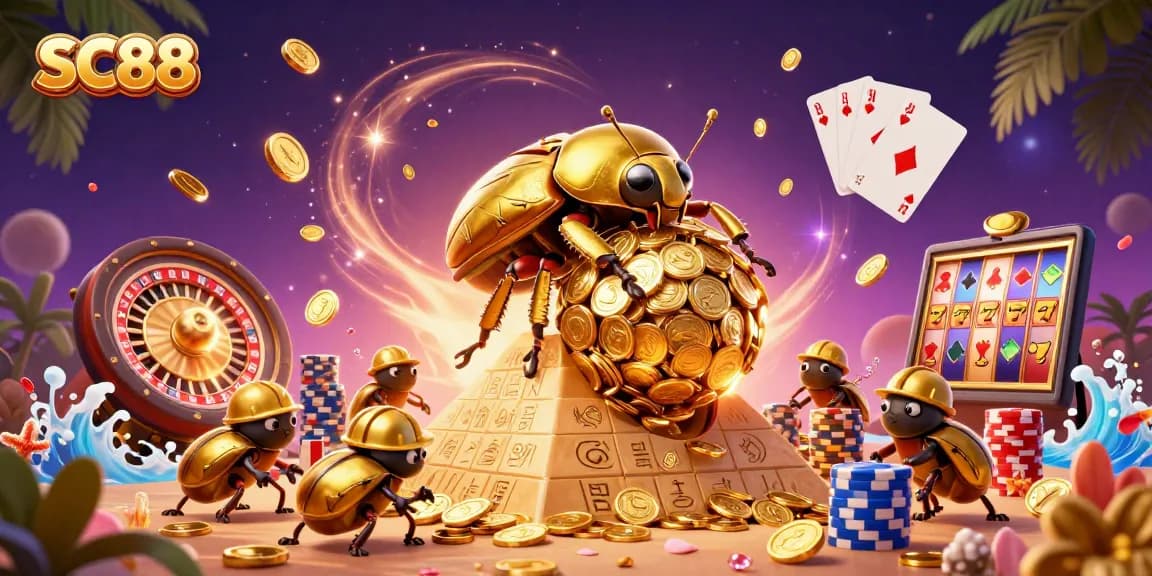 Experience the excitement at SC88 with a golden dung beetle rolling coins amid vibrant casino elements.