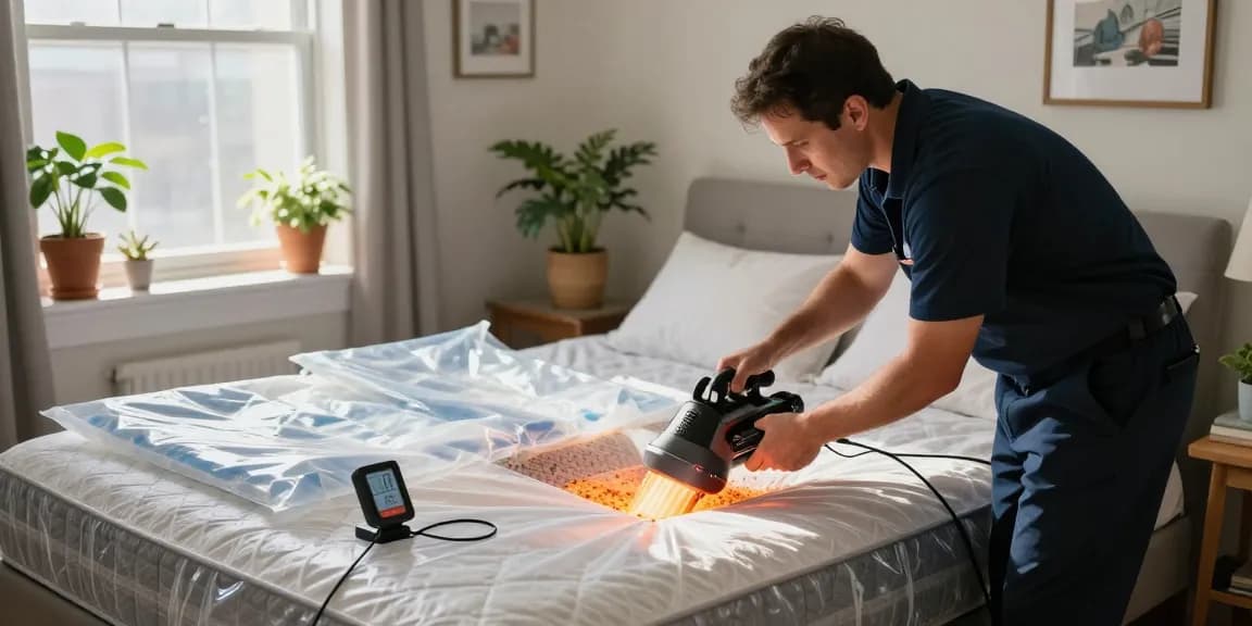 Implementing bed bug heat treatment in a cozy Milwaukee home with a professional exterminator.