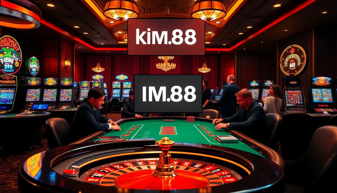 Players enjoying high-stakes poker at a luxurious casino with km88 com link prominently displayed.