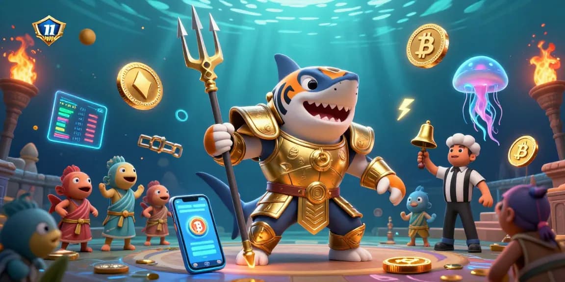 Experience thrilling underwater action with the 11WIN tiger shark gladiator in a vibrant crypto-themed casino.