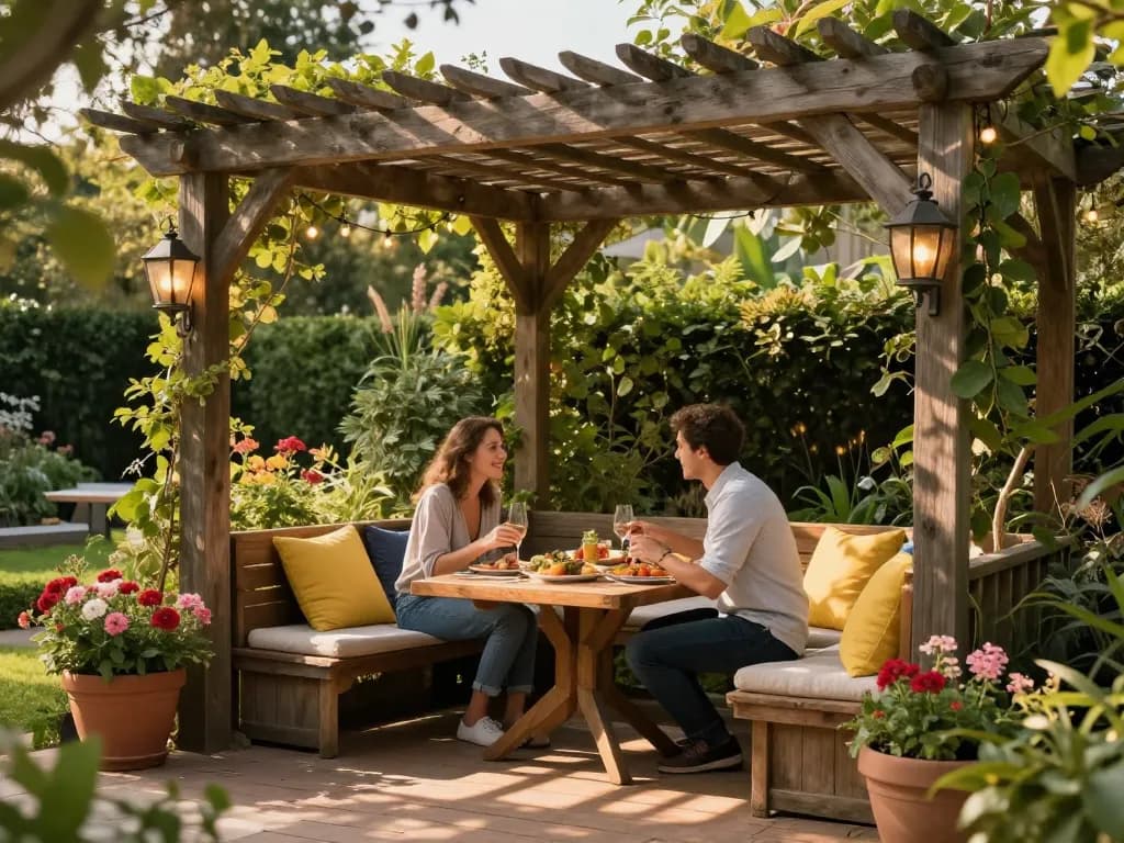 Couple dining under a stunning 3D pergola in a lush garden