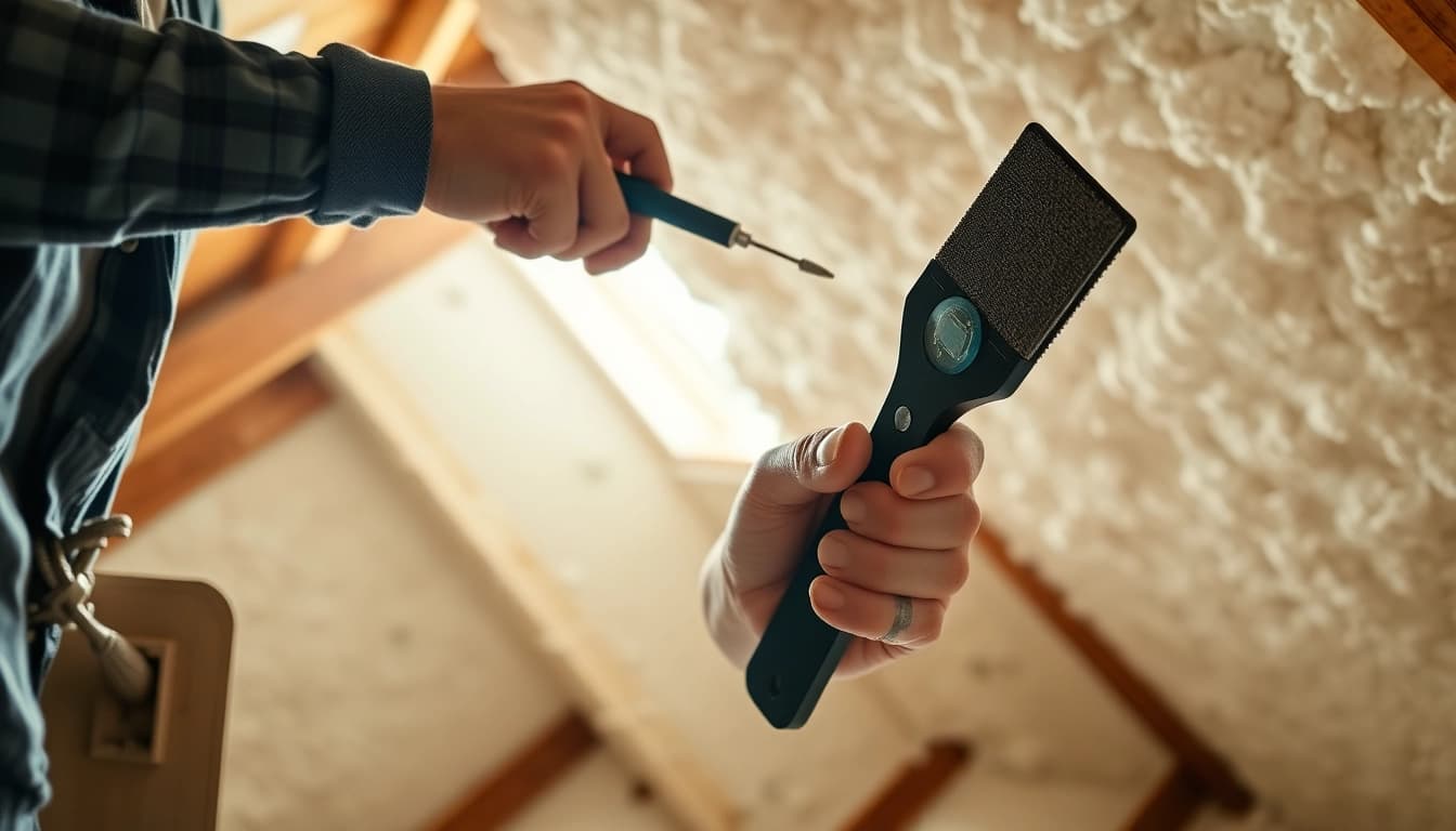 Evaluate spray foam removal cost with a contractor assessing attic insulation.