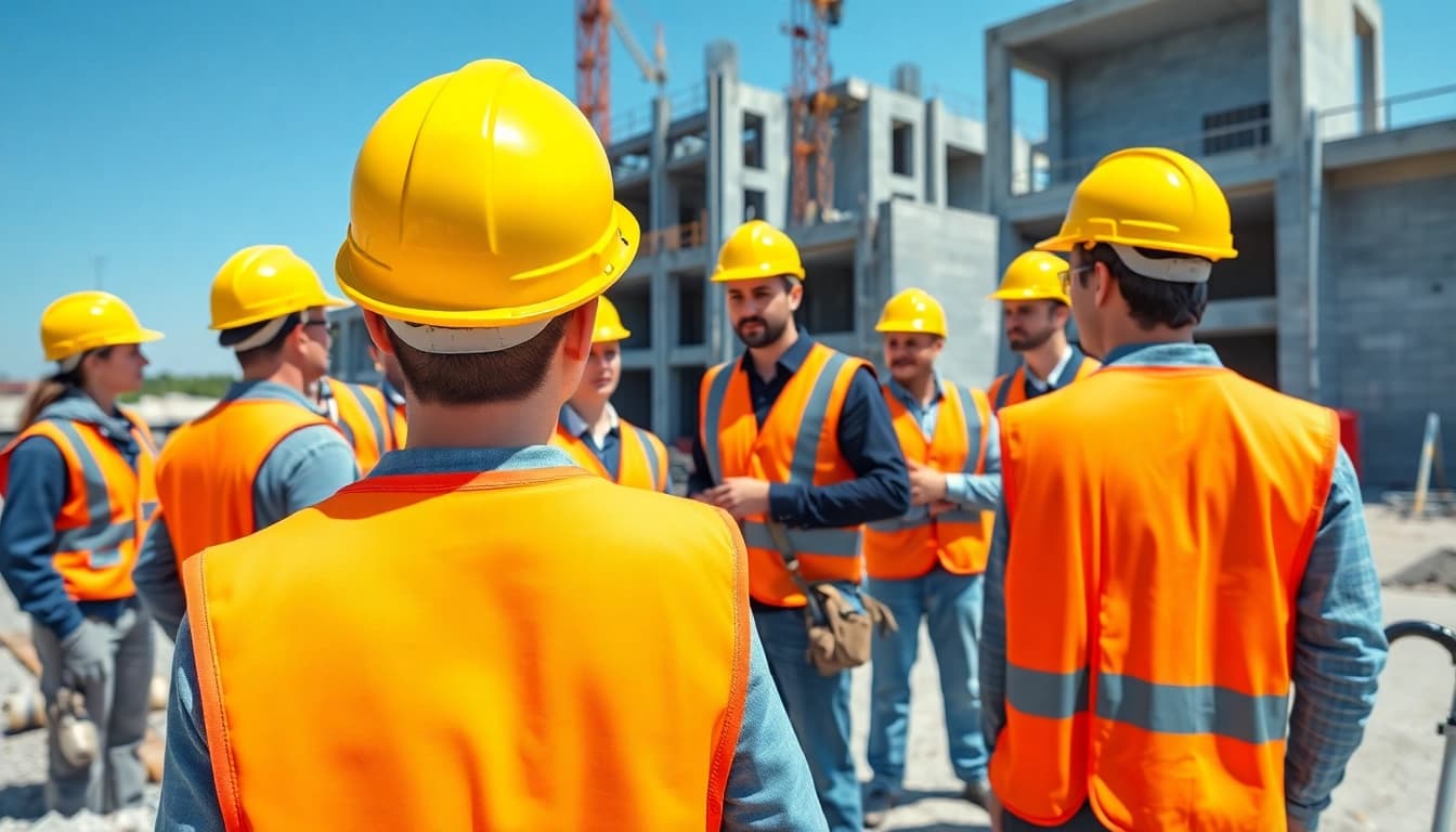 Engaging construction safety training session with trainees focused on safety techniques.