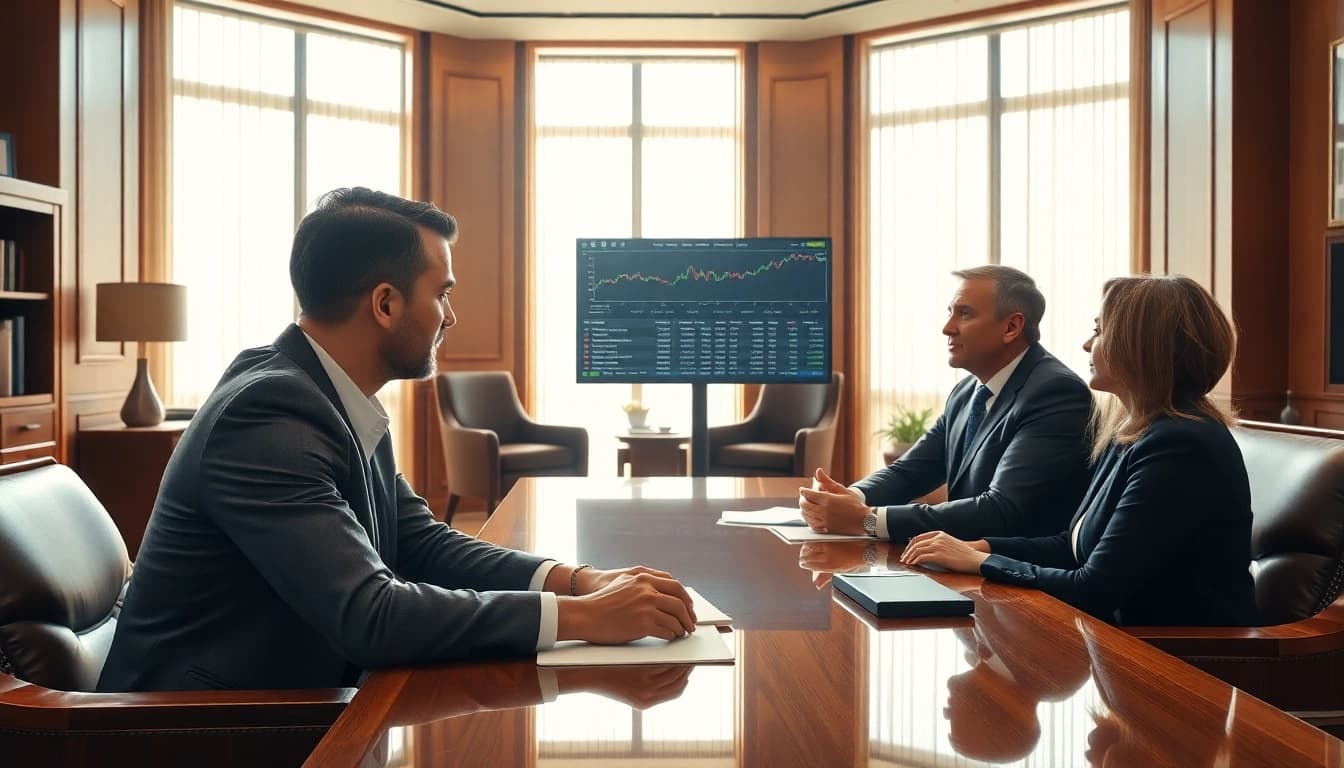 Engaging fiduciary financial advisor Reston VA consulting with clients in a modern office space.