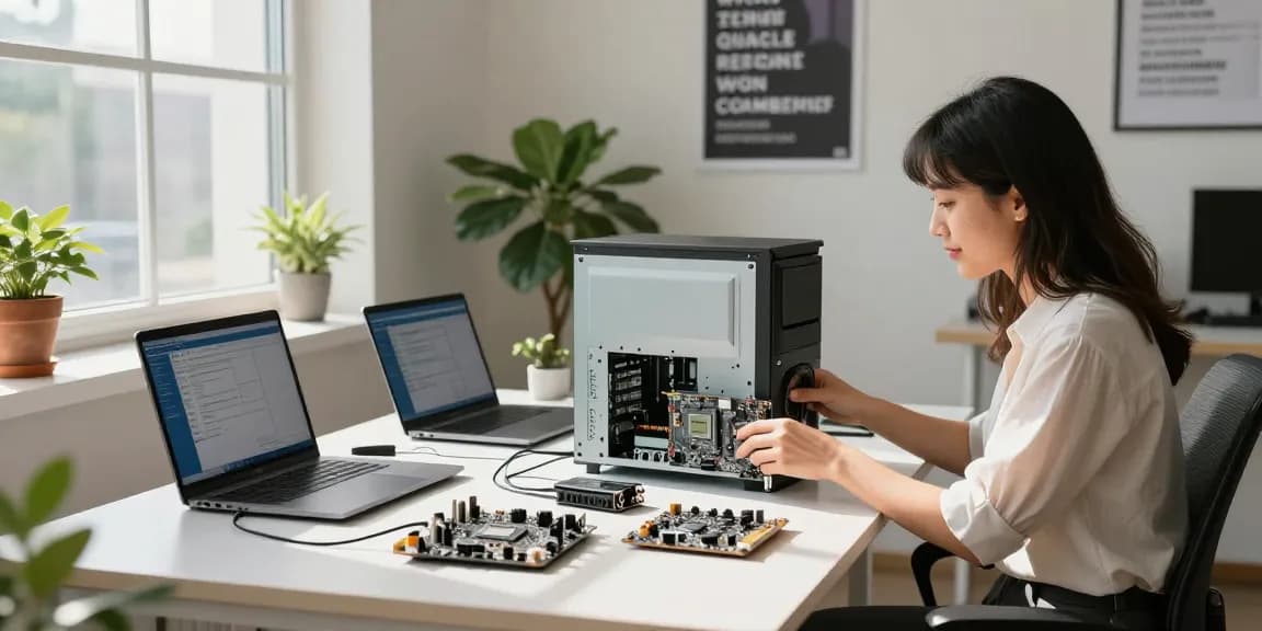 Professional woman assembling a refurbished pc in modern office
