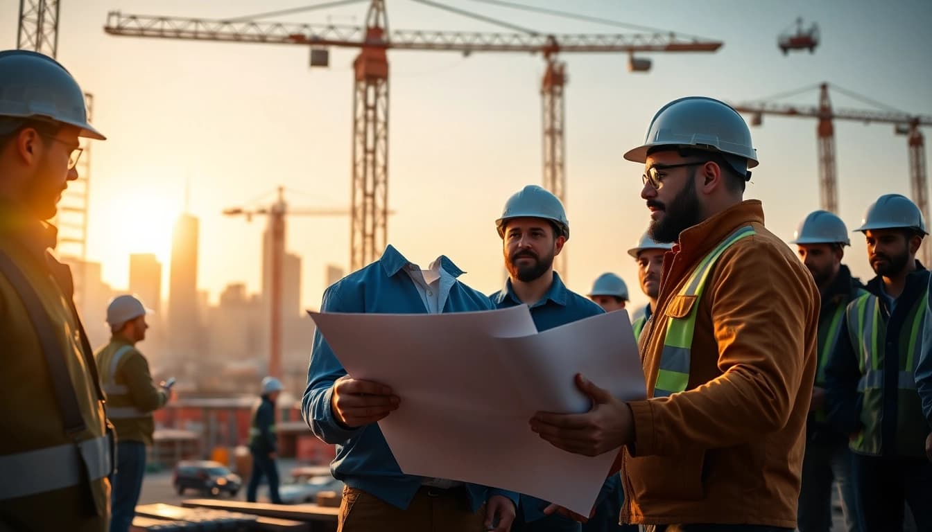 New York Construction Manager overseeing a bustling construction site with teamwork and precision.
