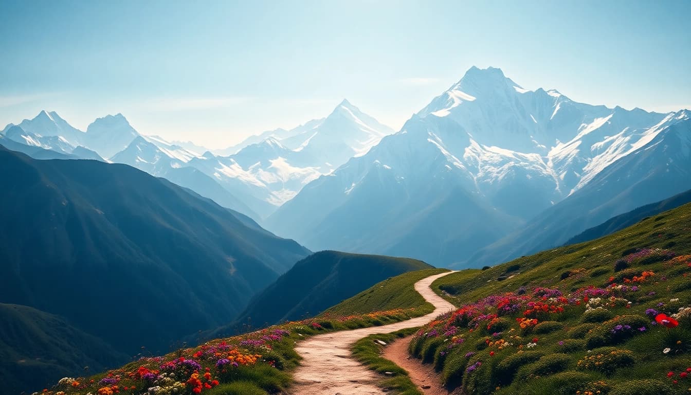 Trekking on the Sandakphu trek with stunning views of Everest and Kangchenjunga in the background.