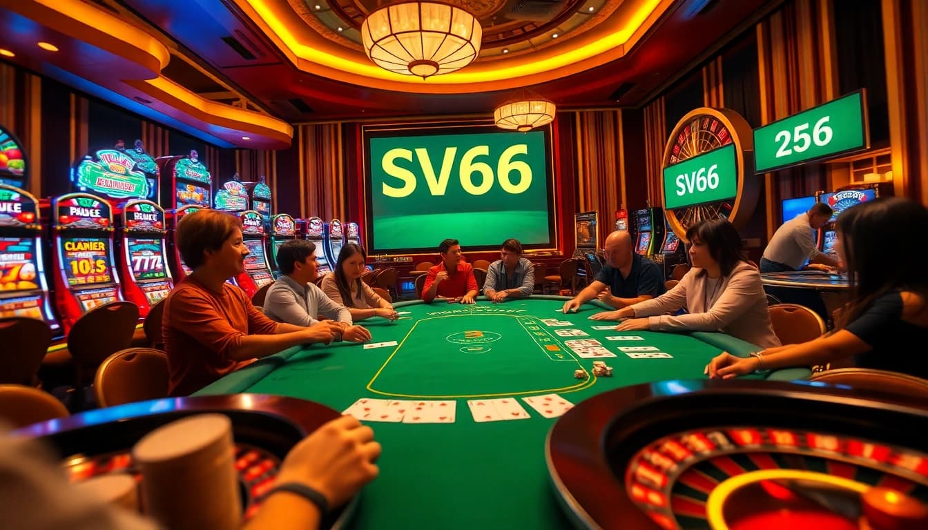 Players enjoying poker and vibrant slot machines, featuring SV66 in an exciting casino atmosphere.