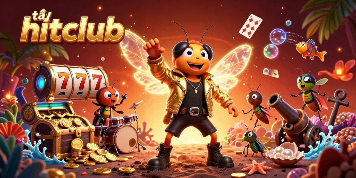 Engage with tải hitclub through vibrant 3D casino elements, featuring a rock star cicada and treasure.