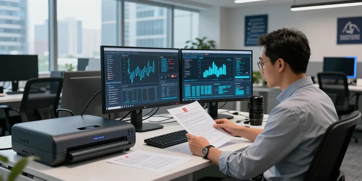 Professional document fraud detection scene with an analyst reviewing legal documents and security metrics in a high-tech office.