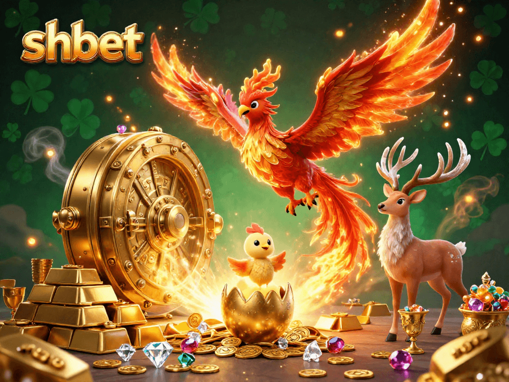 Experience the excitement of shbet with a vibrant, detailed scene featuring a golden phoenix and treasures.