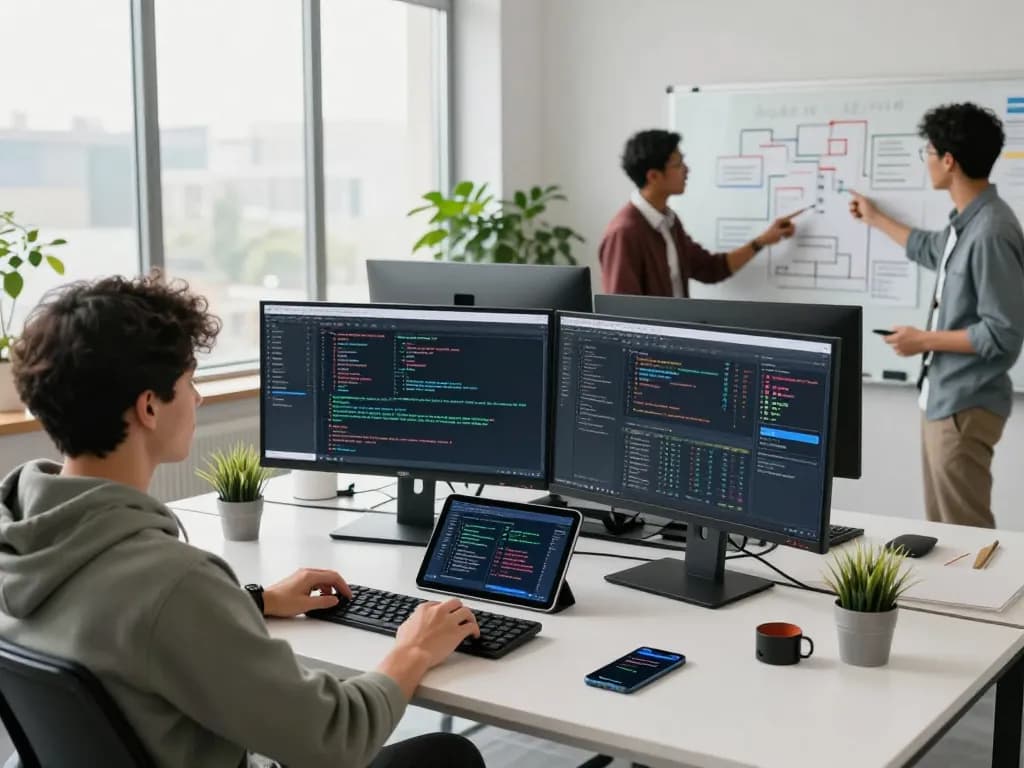 Developer at Techsslaash com collaborating in a vibrant office with coding displays and innovative designs.