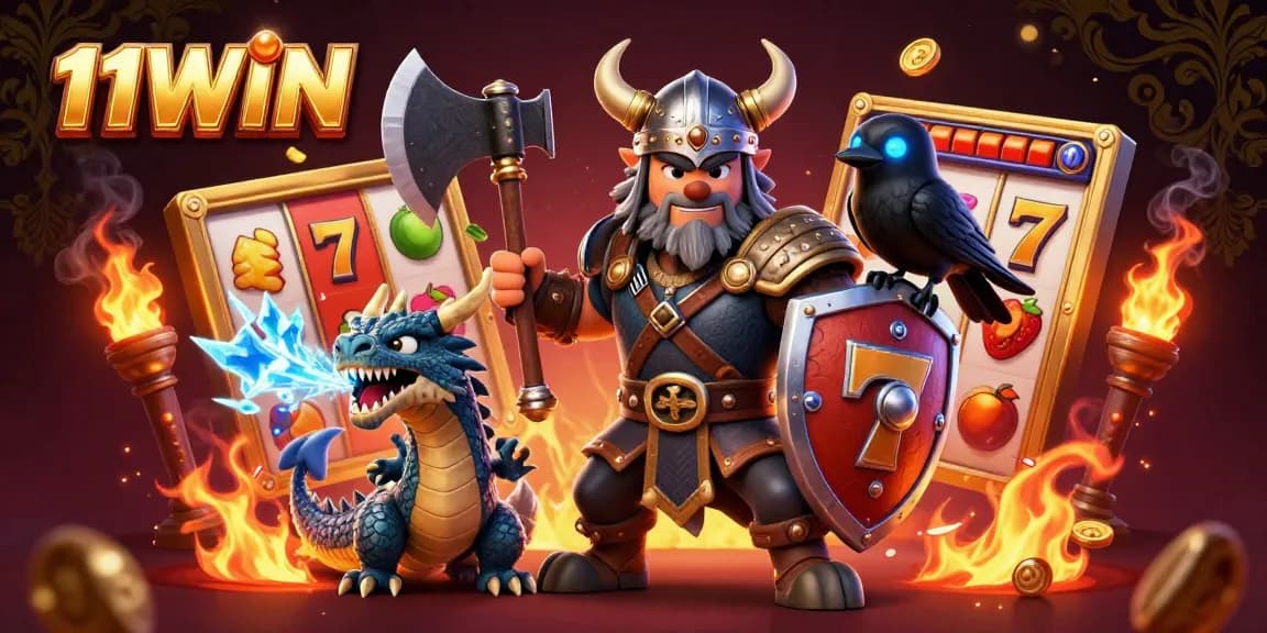 Engage with the vibrant world of 11WIN featuring a Viking warrior, dragon, and thrilling casino elements.