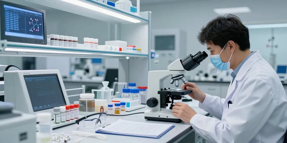 Peptides research in a modern lab with scientists analyzing pharmaceutical-grade vials.