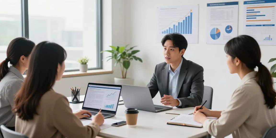 Financial advisors engaging with clients in a bright advisory office, showcasing personalized plans and collaborative discussions.