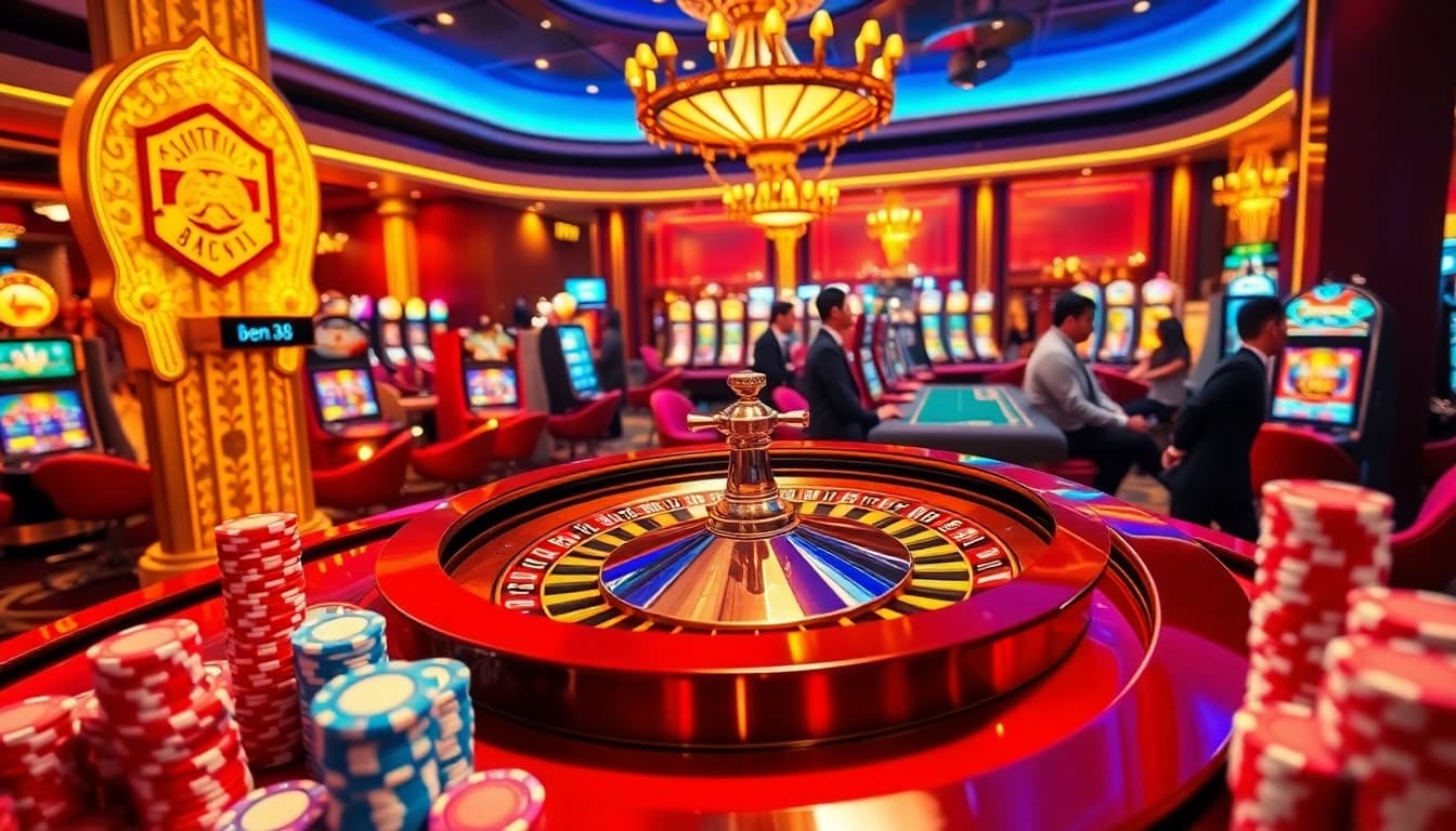 Players enjoying high-stakes games at https://bem88.com, featuring a roulette wheel and vibrant slot machines.