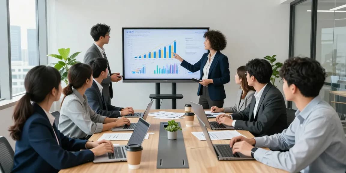 Business process outsourcing collaboration in a modern office with team analyzing growth data.