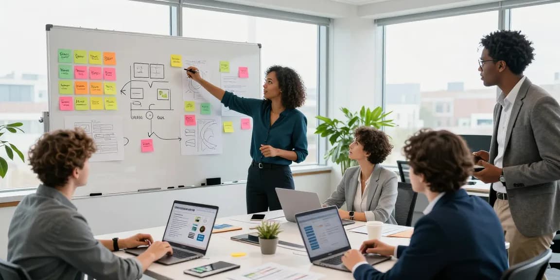 Team collaborating in a brand sprint session focusing on strategy development and creative ideas.