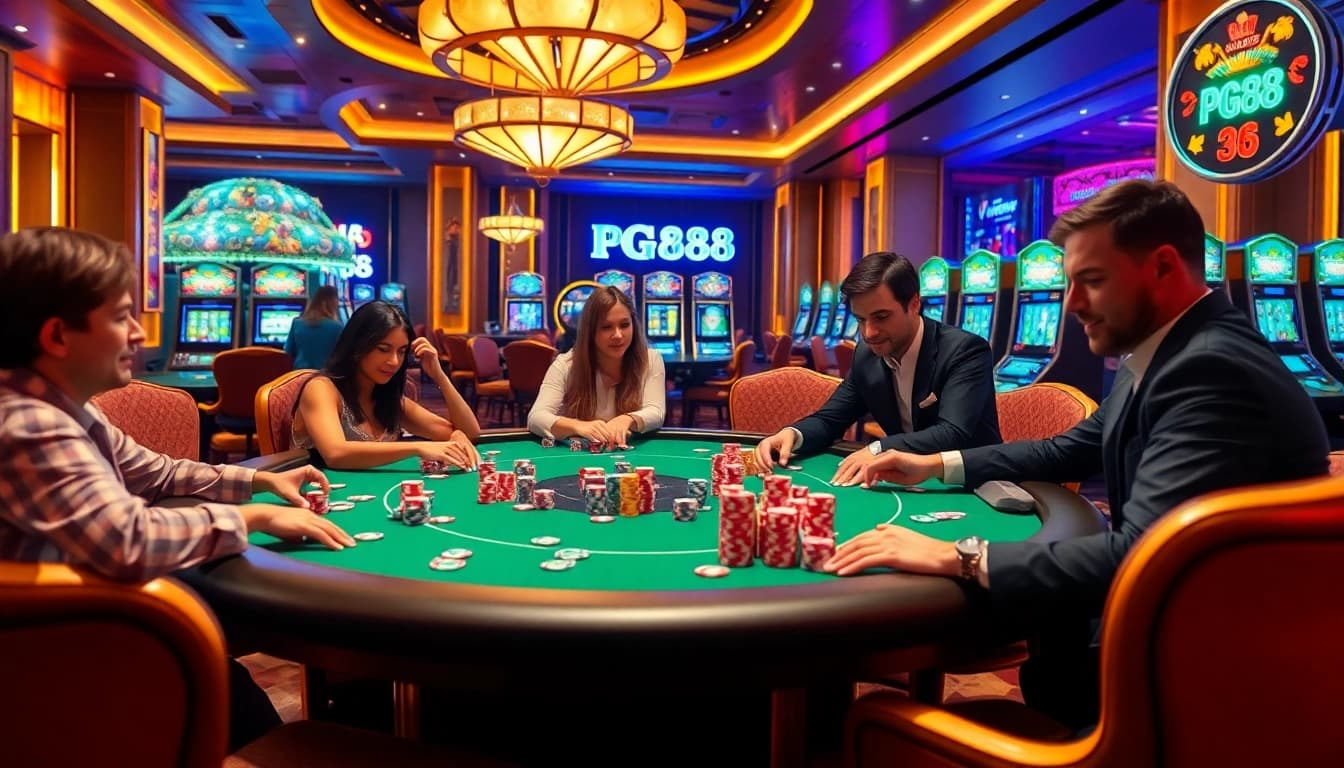 Experience the excitement of pg88 with players engaging in thrilling poker at a luxurious casino.
