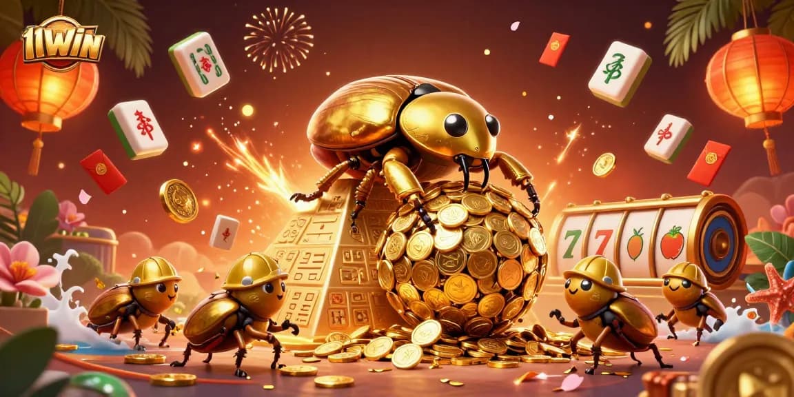 Engage with 11WIN's cartoon art depicting a golden beetle rolling coins in a vibrant casino theme.