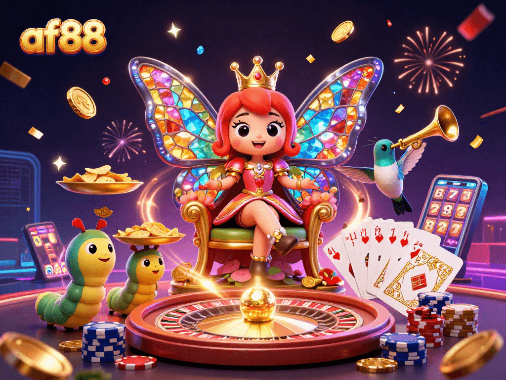 Experience excitement at af88 with a colorful 3D casino scene featuring vibrant characters and lively game elements.