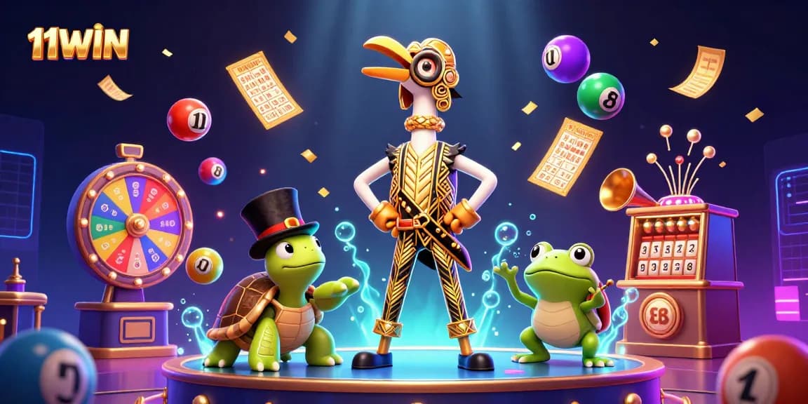 11WIN showcases a vibrant 3D scene with a colorful lottery theme, featuring a flapper crane, turtle, and frog.