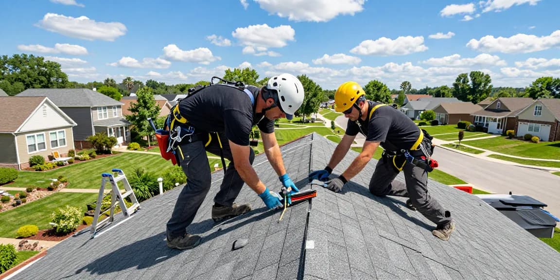 Roofing professionals installing GAF shingles on a residential home, demonstrating expert craftsmanship.