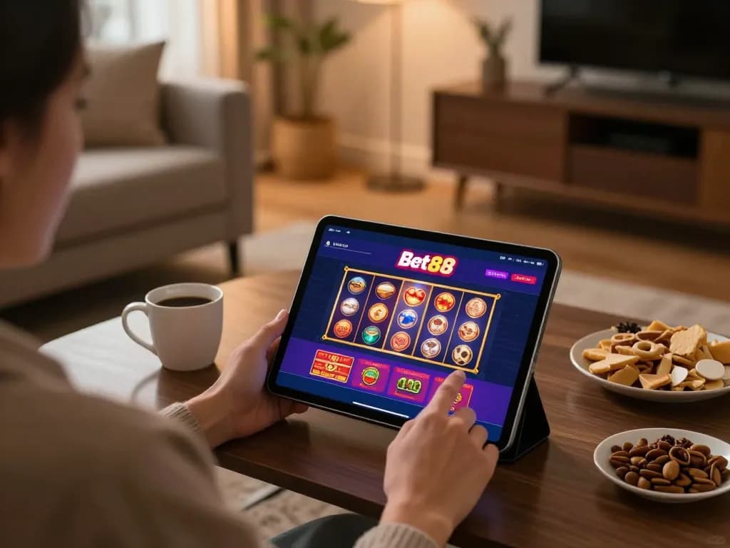 Engaging gameplay on Bet88 app, showing winning slots on a tablet in a cozy, home atmosphere