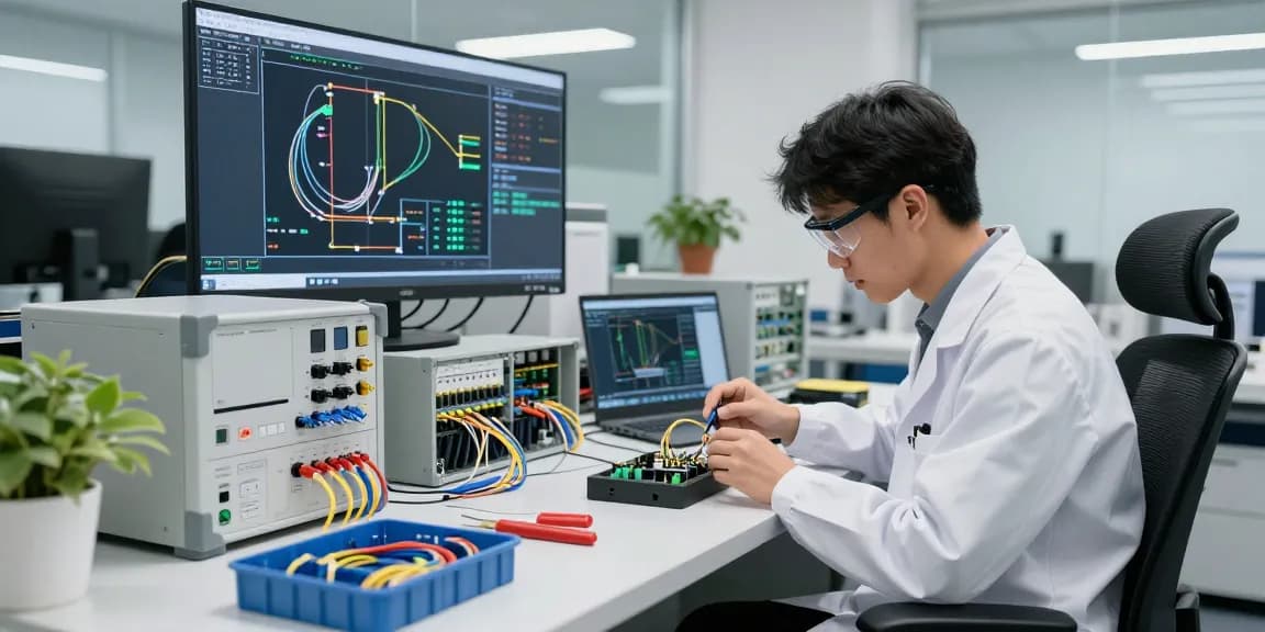 Technician assembling lc connectors with precision in a modern tech workspace, showcasing fiber optic cables and testing equipment.