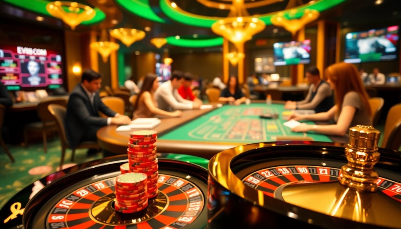 Experience winning moments at EV88.COM with poker chips and a roulette wheel.