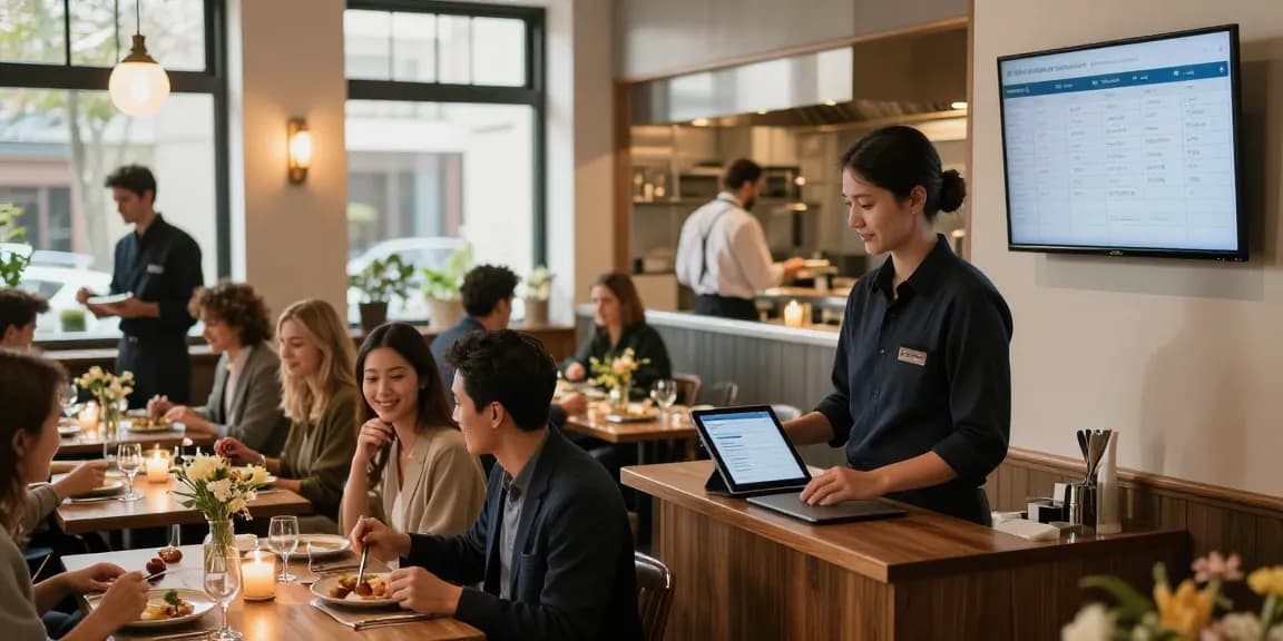 Dynamic restaurant scene with staff managing reservations using free restaurant reservations software, creating an inviting atmosphere.