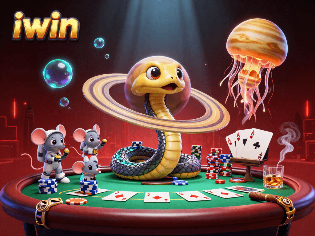 Place bets and spin the iwin roulette planet in this vibrant 3D casino scene illustration.