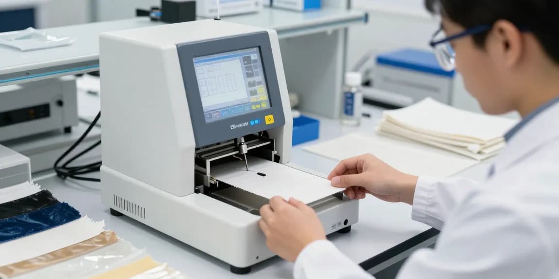 Elmendorf tearing test demonstrating precise measurement of fabric strength in a modern lab setting.