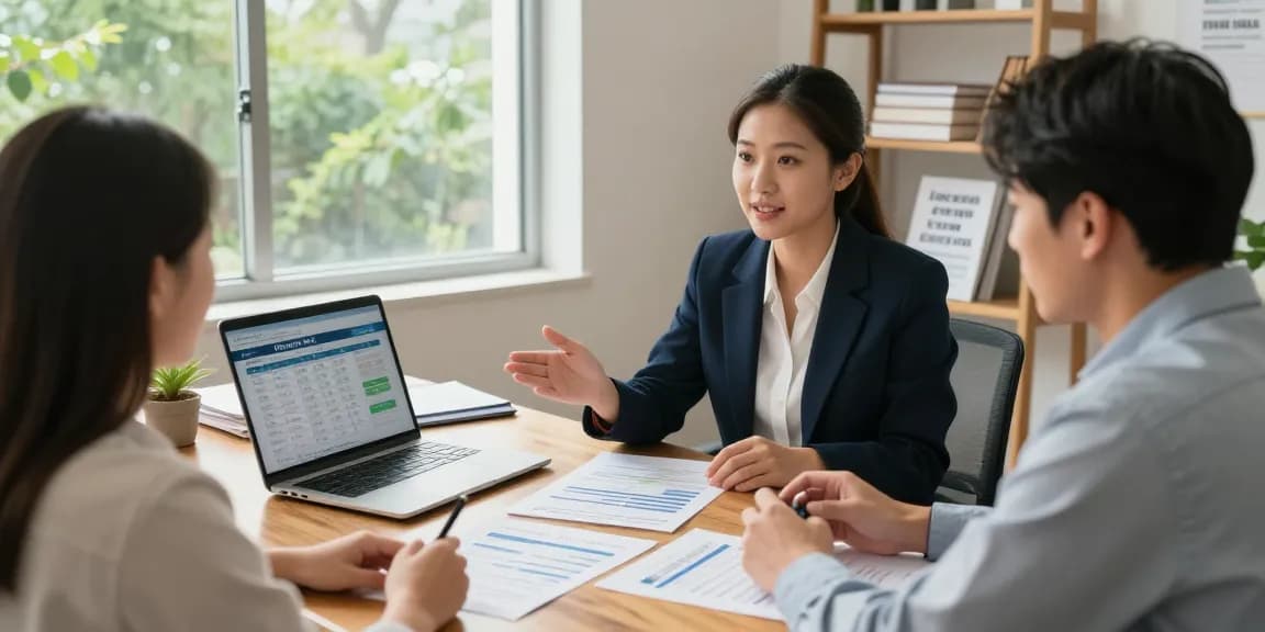 Couple discussing Roth IRA options with financial advisor in a welcoming office space.