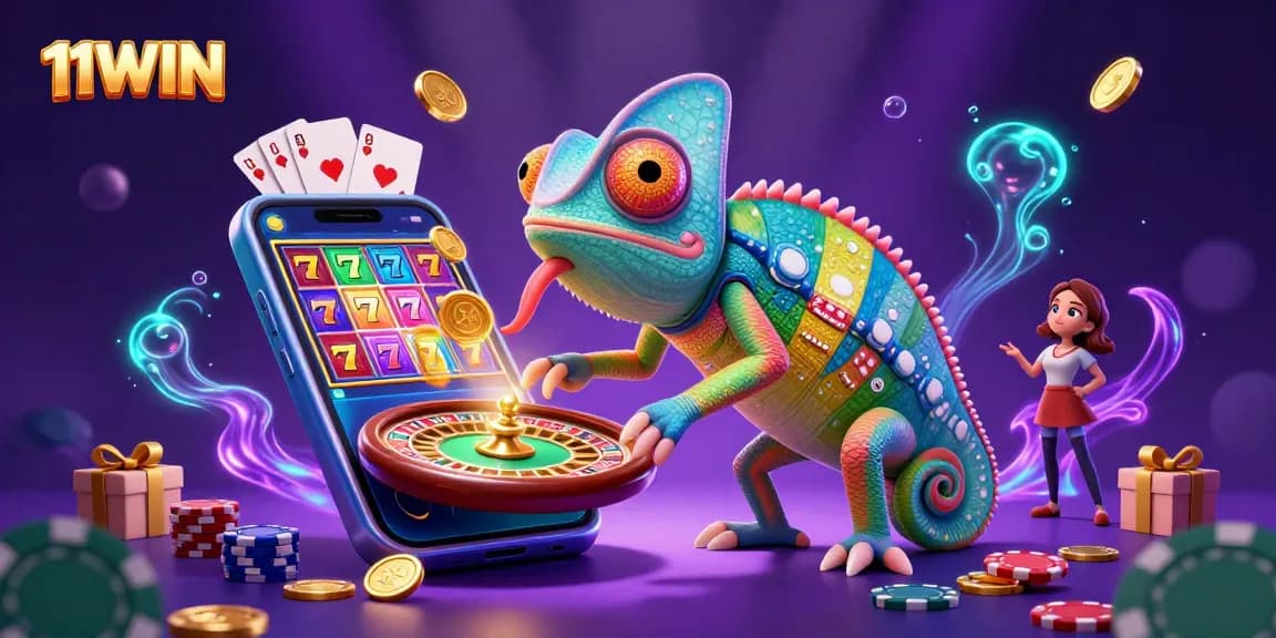 Engage with 11WIN's thrilling casino world featuring a vibrant chameleon and exciting game elements.