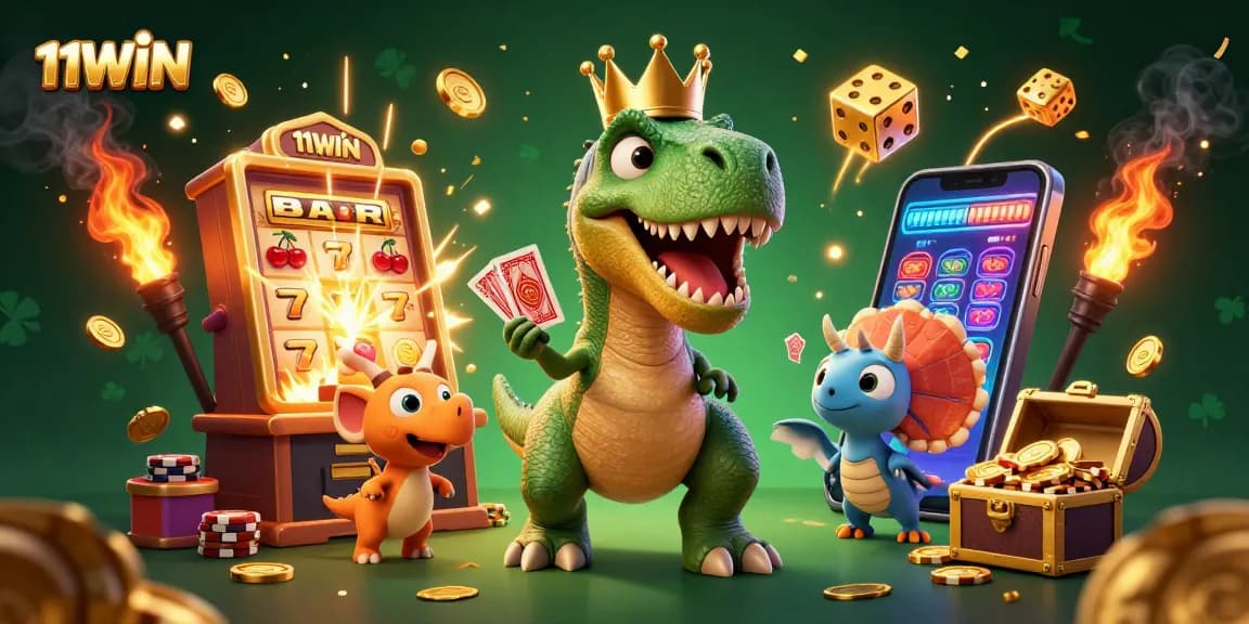 Experience thrilling games at 11WIN, illustrated with a fun T-Rex and vibrant casino elements.