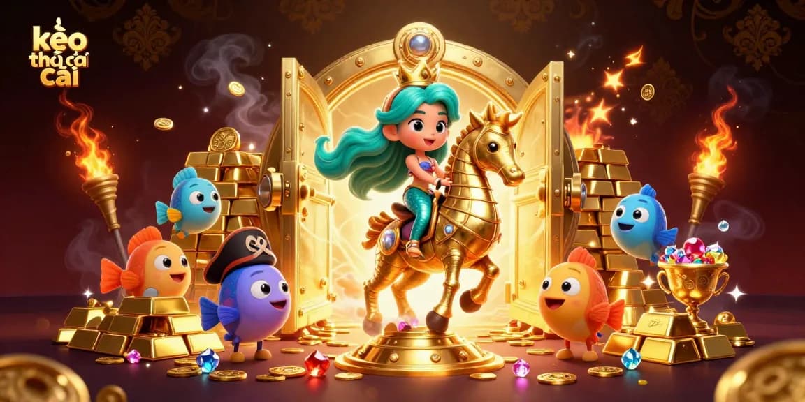 Engage with kèo nhà cái as a mermaid princess, seahorse, and colorful fish surround golden treasures.
