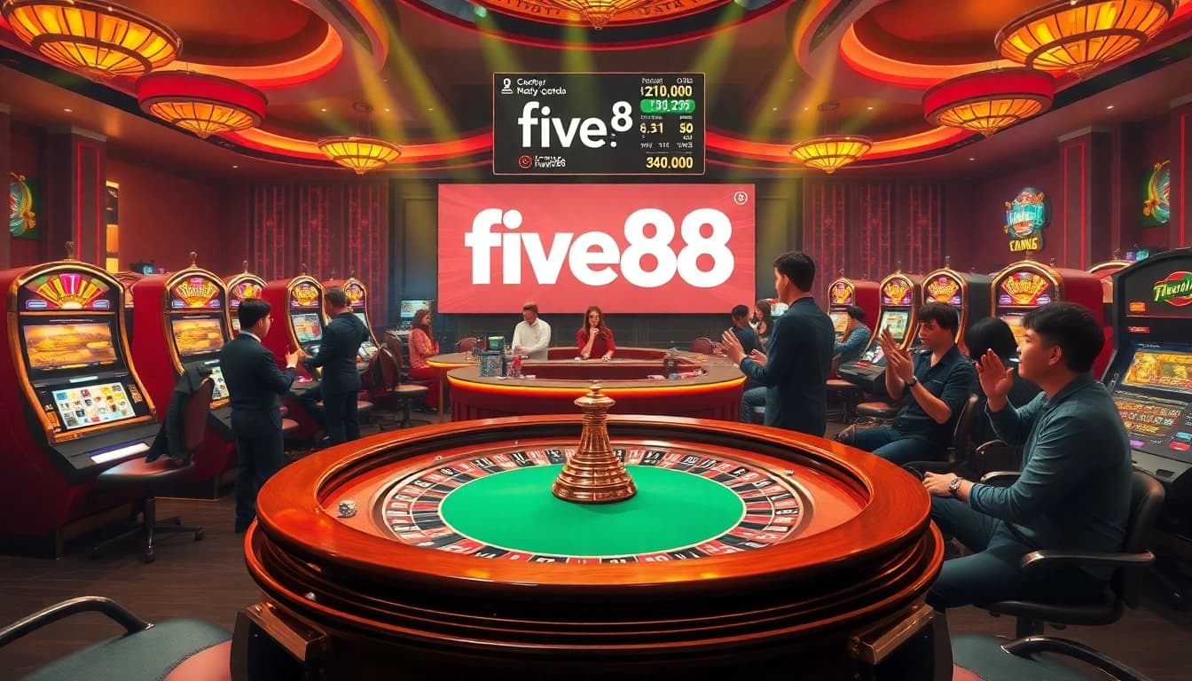 Experience luxury betting at Five88 with a vibrant casino scene showcasing roulette, slots, and engaged players.