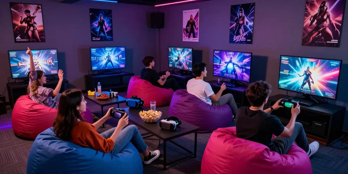 Engaging scene of friends playing porn games online in a vibrant gaming lounge.