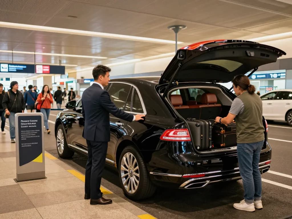 Chauffeur service Midway Airport with professional driver welcoming clients to luxury ride in a Lincoln Continental.