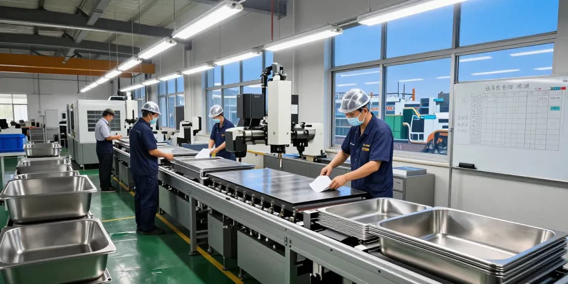 Stainless steel basin factory with workers and automated machinery in action.