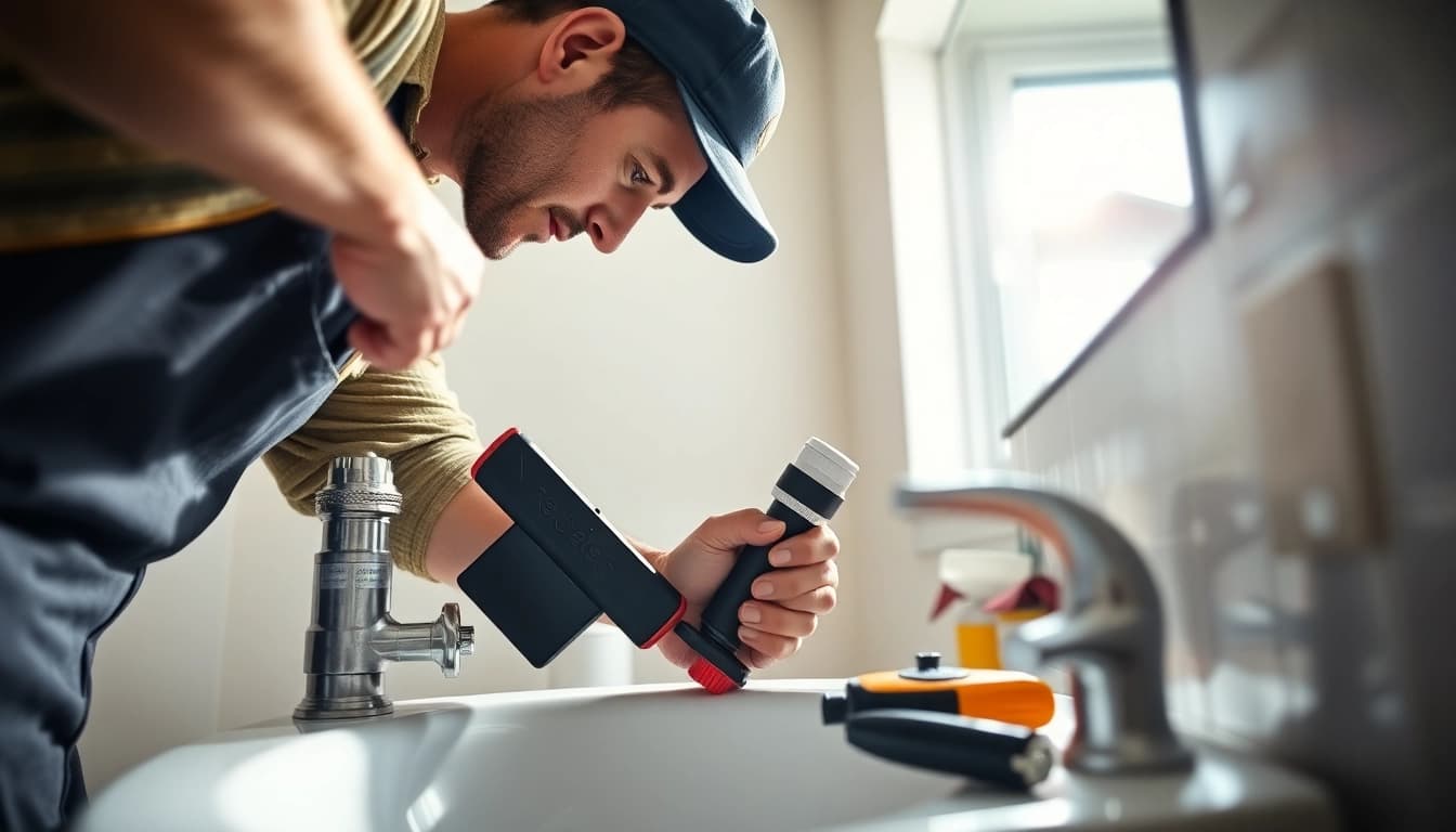 Plumber near me fixing pipes with modern tools in a bright bathroom.