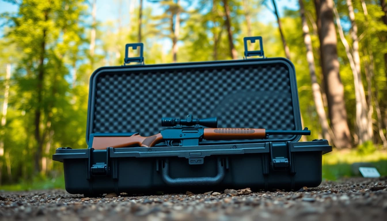 Shop pelican gun case for sale with a rifle inside, showcasing durability in a natural setting.