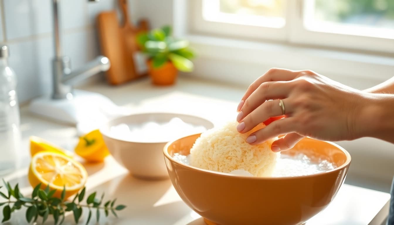 Learn how to clean a loofah with natural methods in this vibrant kitchen scene.