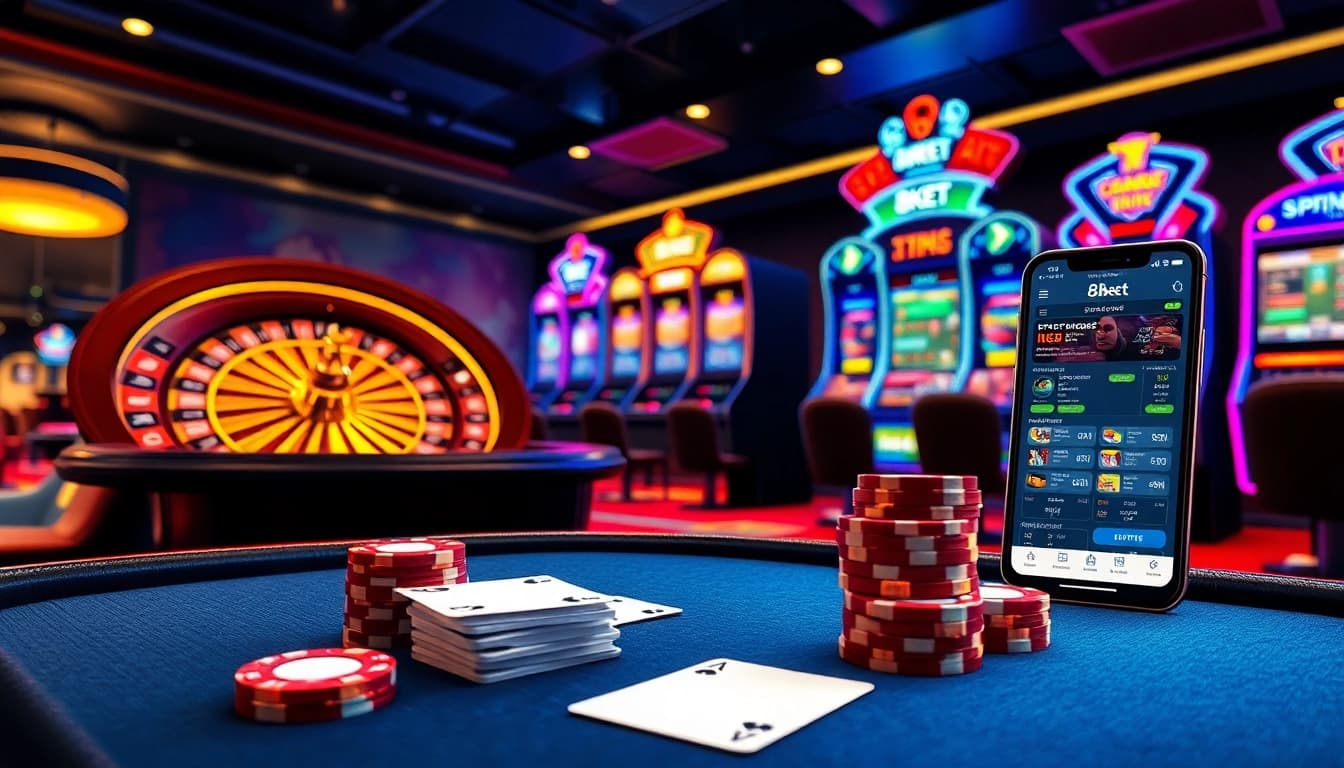 8kbet live virtual poker table featuring spinning roulette and vibrant slot machines in online casino