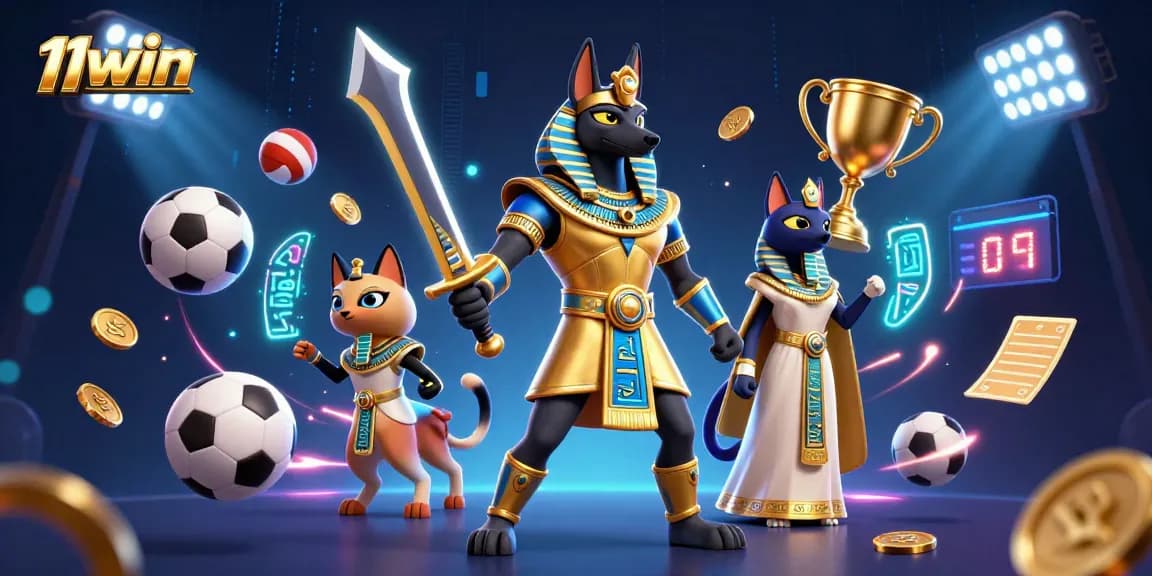 11WIN features a dynamic casino scene with Anubis and Bastet among sports elements.