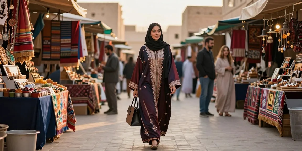 Elegant woman in a beautifully embroidered abaya shopping in a vibrant market