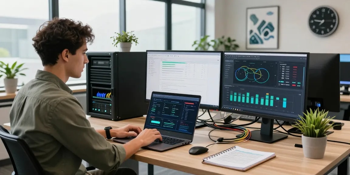 Web hosting Australia office scene with IT specialist analyzing server performance on multiple monitors.