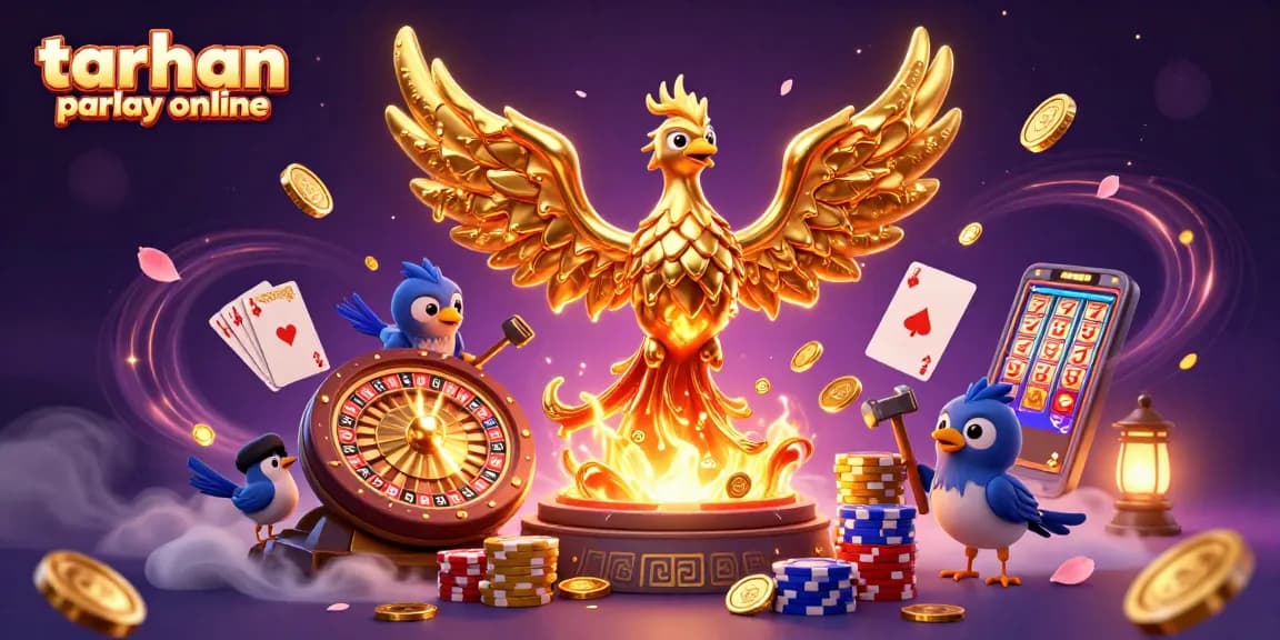 Experience thrilling taruhan mix parlay online with gold coins, poker chips, and a golden phoenix in action.